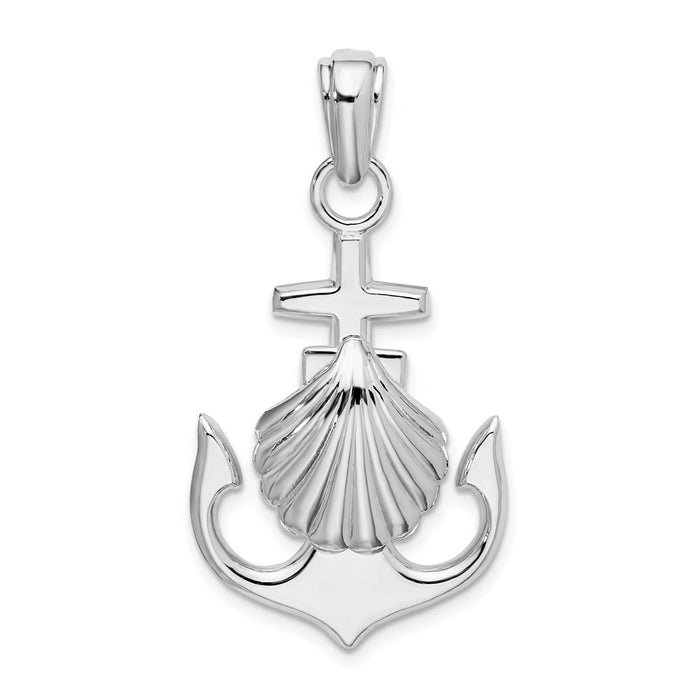 Million Charms 925 Sterling Silver Nautical  Charm Pendant, Anchor with Scallop Shell Attached, 2-D