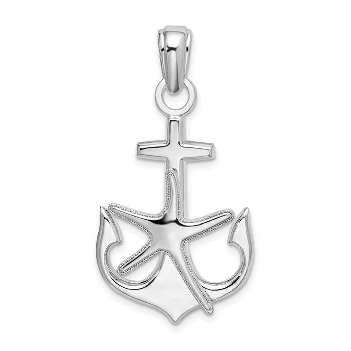 Million Charms 925 Sterling Silver Sea Life Nautical Charm Pendant, Anchor with Starfish Attached, 2-D