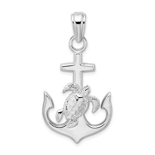Million Charms 925 Sterling Silver Nautical  Charm Pendant, Anchor with Sea Turtle Attached, 2-D