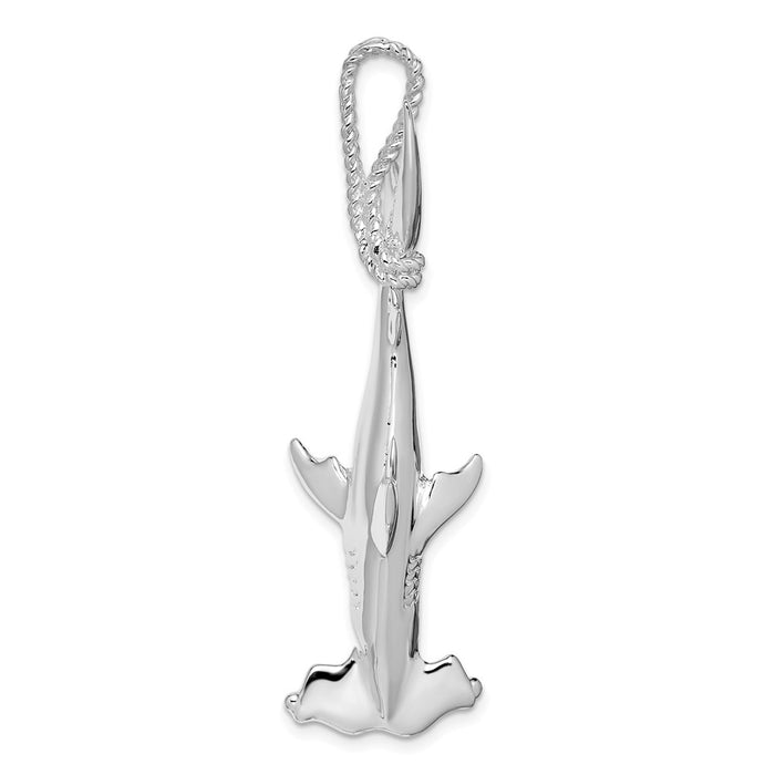 Million Charms 925 Sterling Silver Nautical Sea Life  Charm Pendant, Large 3-D Hammerhead Shark with Rope Bail, High Polish