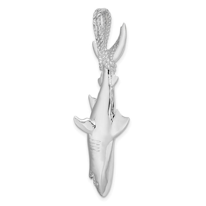 Million Charms 925 Sterling Silver Nautical Sea Life  Charm Pendant, Large 3-D Shark Hanging From Rope Bail, High Polish