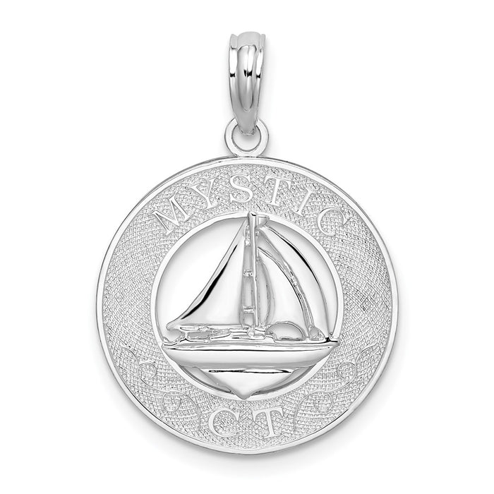 Million Charms 925 Sterling Silver Travel Charm Pendant, Mystic, CT On Round Frame with Sailboat Center