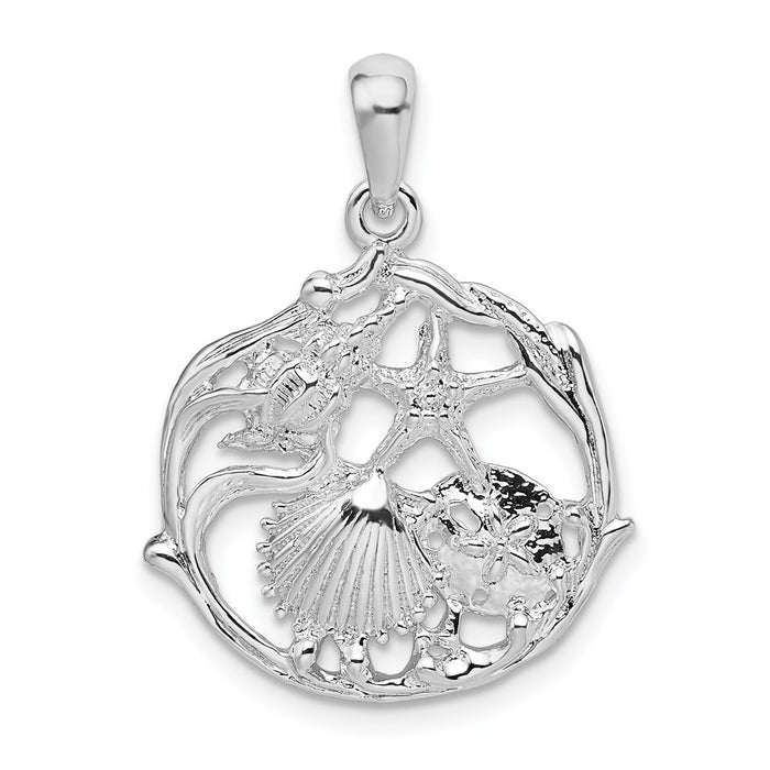 Million Charms 925 Sterling Silver Nautical Sea Life  Charm Pendant, Shell Cluster In Circle, Cut-Out & 2-D