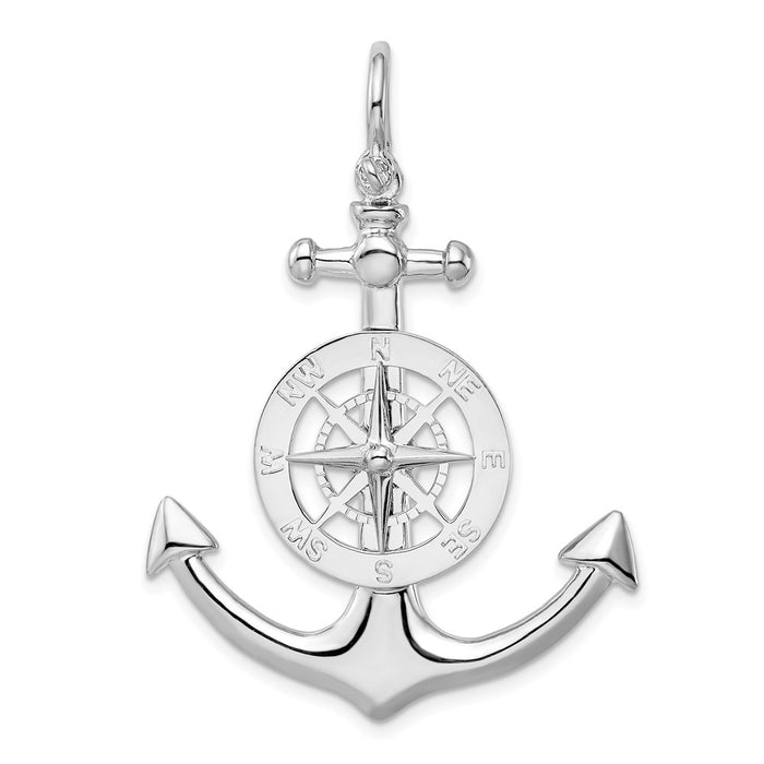 Million Charms 925 Sterling Silver Charm Pendant, Large 3-D Large Anchor with Nautical Compass  (Shackle Bail)