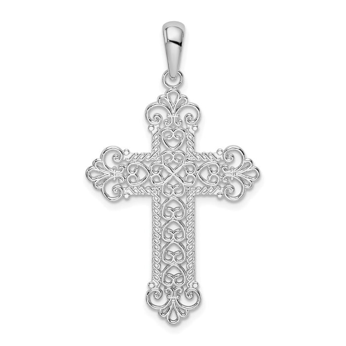 Million Charms 925 Sterling Silver Religious Charm Pendant, Large Rope Frame Filigree Cross  with Fleur-De-Lis Tips (