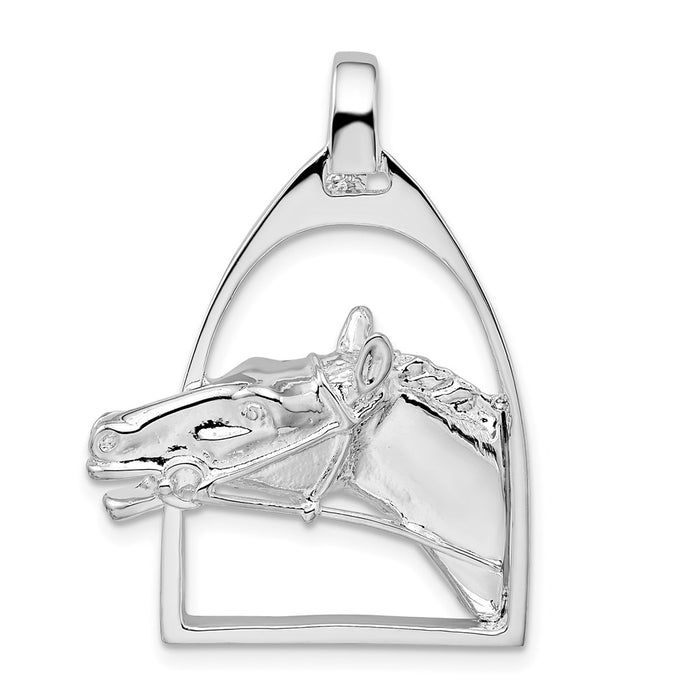 Million Charms 925 Sterling Silver Equestrian Animal Charm Pendant, Large Horse Head In Stirrup, High Polish & 2-D