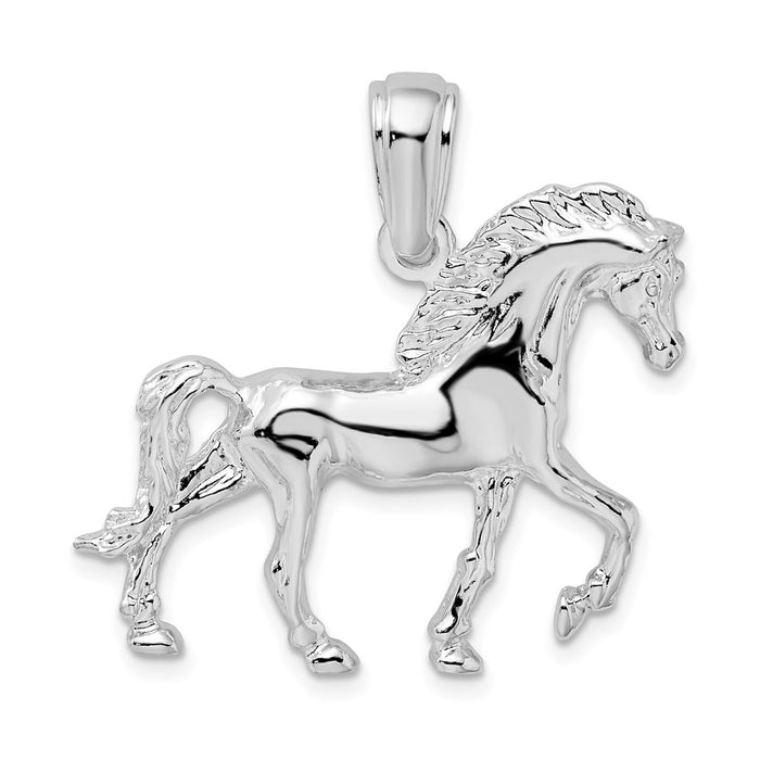 Million Charms 925 Sterling Silver Equestrian Animal Charm Pendant, Horse Walking with Tail Down, 2-D
