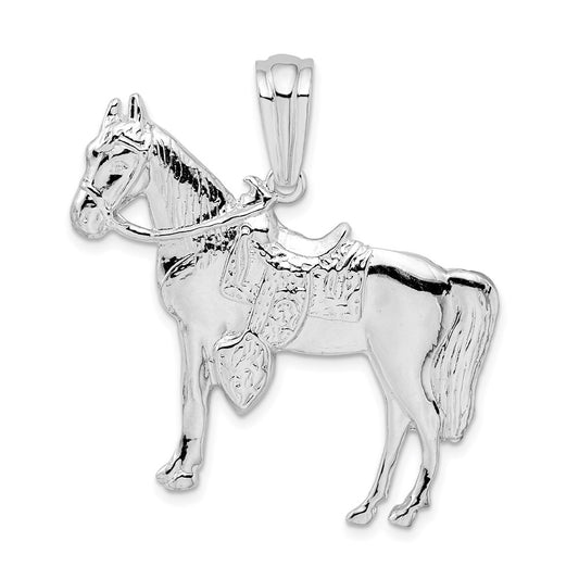 Million Charms 925 Sterling Silver Equestrian Animal Charm Pendant, Large Horse Standing with Saddle, 2-D