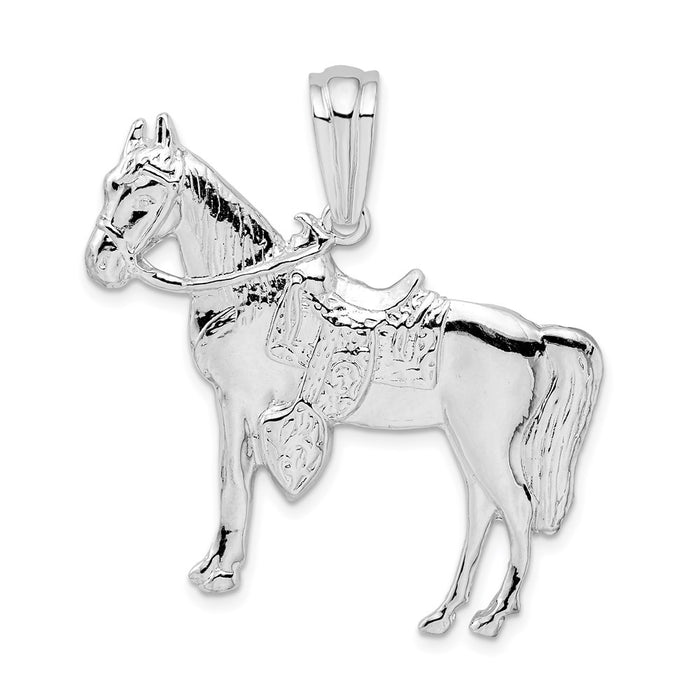 Million Charms 925 Sterling Silver Equestrian Animal Charm Pendant, Large Horse Standing with Saddle, 2-D