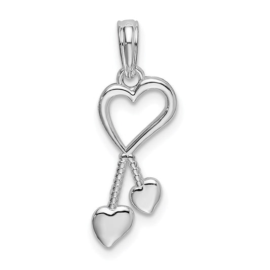Million Charms 925 Sterling Silver Charm Pendant, Small Heart with Double Heart Beaded Fixed Tassel, 2-D & High Polish