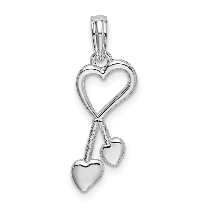 Million Charms 925 Sterling Silver Charm Pendant, Small Heart with Double Heart Beaded Fixed Tassel, 2-D & High Polish