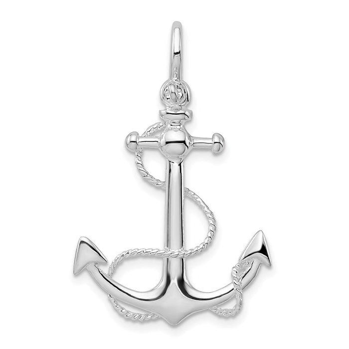 Million Charms 925 Sterling Silver Charm Pendant, 3-D Small Anchor with Rope & Flat Tips Shackle Bail
