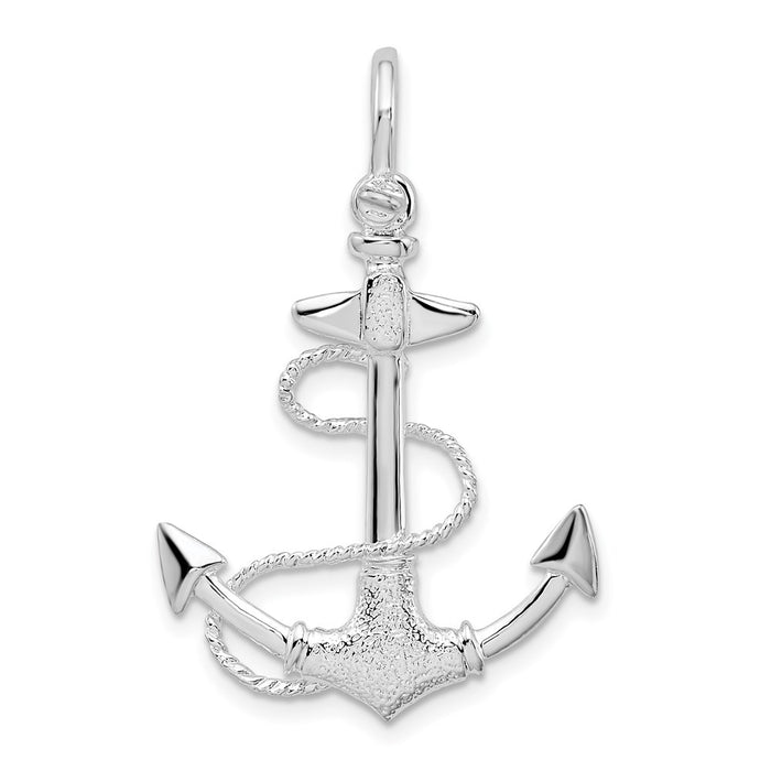 Million Charms 925 Sterling Silver Charm Pendant, 3-D Anchor with Rope & Texture Shackle Bail