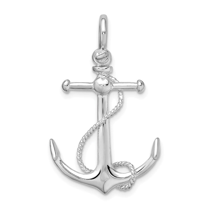 Million Charms 925 Sterling Silver Charm Pendant, 3-D Anchor with Long T Bar & Rope Shackle Bail