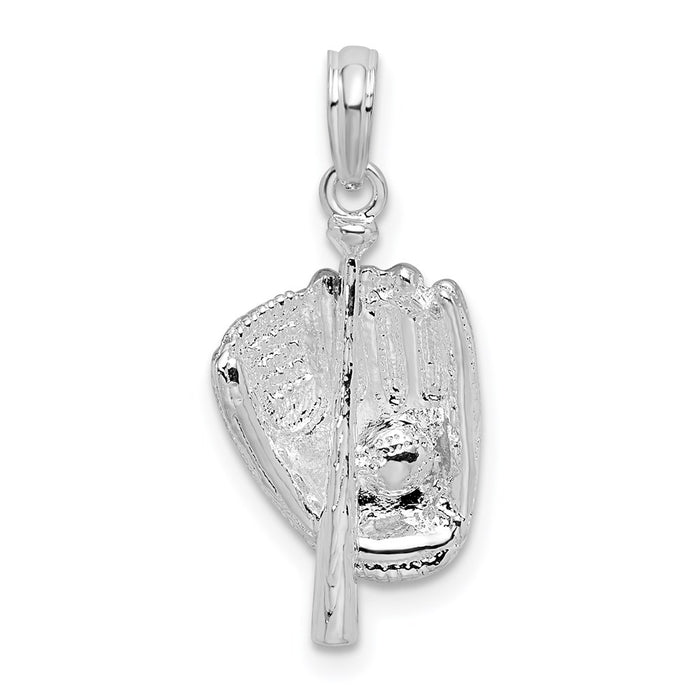 Million Charms 925 Sterling Silver Sports Charm Pendant, 3-D Baseball Glove, Bat & Ball, High Polish