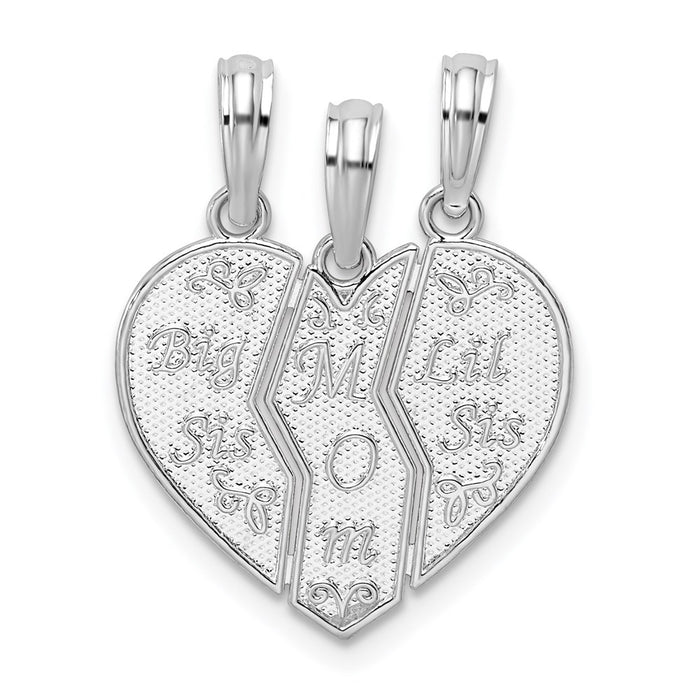 Million Charms 925 Sterling Silver Charm Pendant, Big Sis, Mom, Lil Sis Breakable Heart - Textured