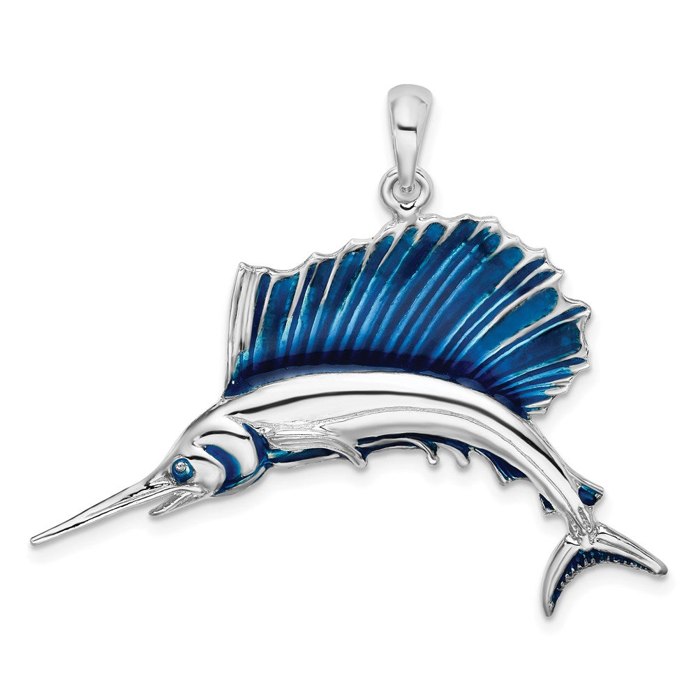 Million Charms 925 Sterling Silver Sea Life Nautical Charm Pendant, Sailfish with Blue Enamel High Polish