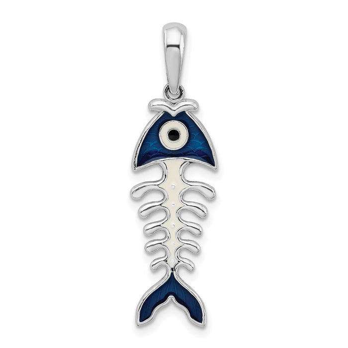 Million Charms 925 Sterling Silver Sea Life Nautical Charm Pendant, 3-D Fishbone with Blue Enamel