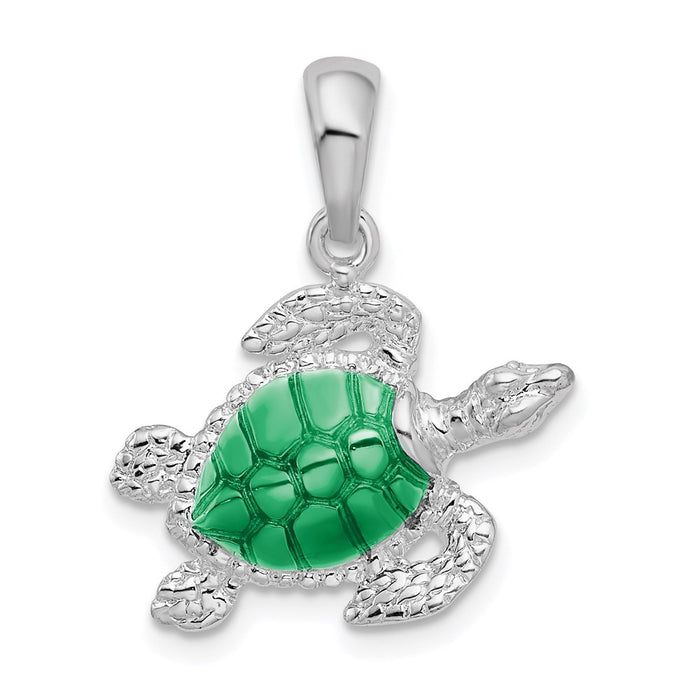 Million Charms 925 Sterling Silver Charm Pendant, Sea Turtle with Green Enamel High Polish & Textured
