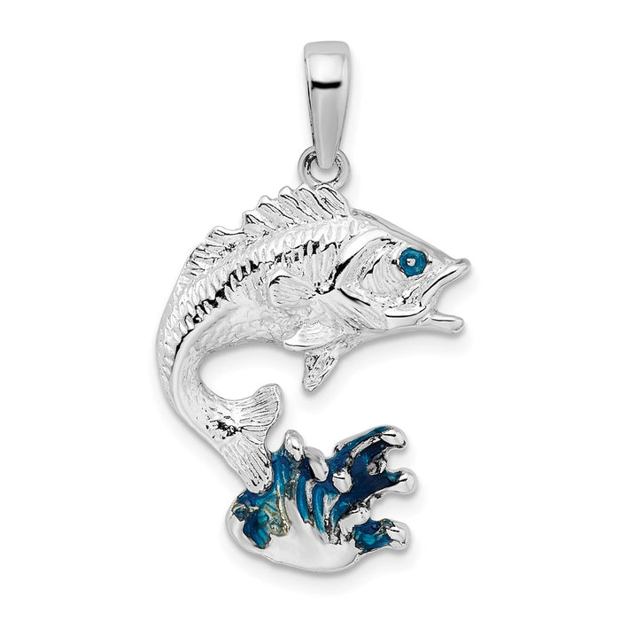 Million Charms 925 Sterling Silver Sea Life Nautical Charm Pendant, Bass Fish with Blue Water, 2-D