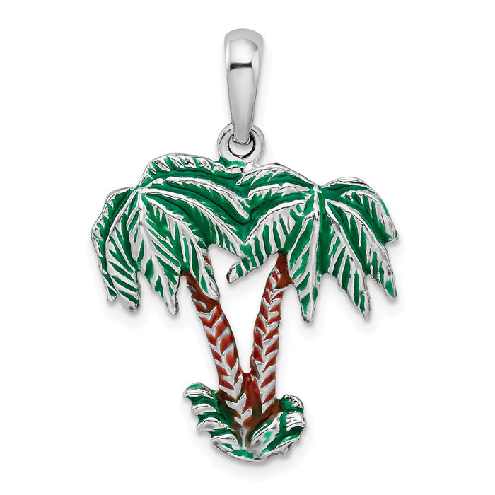 Million Charms 925 Sterling Silver Charm Pendant, Large Double Palm Trees with Enamel, 2-D