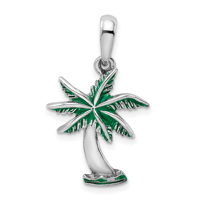 Million Charms 925 Sterling Silver Charm Pendant, Palm Tree with Green Enamel Palms & High Polish Trunk