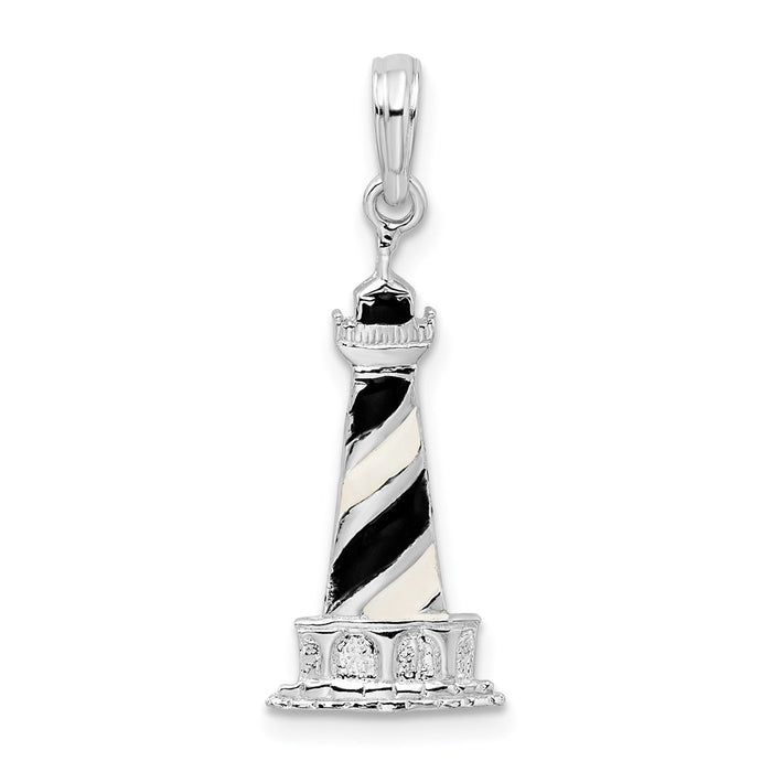 Million Charms 925 Sterling Silver Charm Pendant, Small Cape Hatteras Lighthouse with Black & White Enamel 2-D