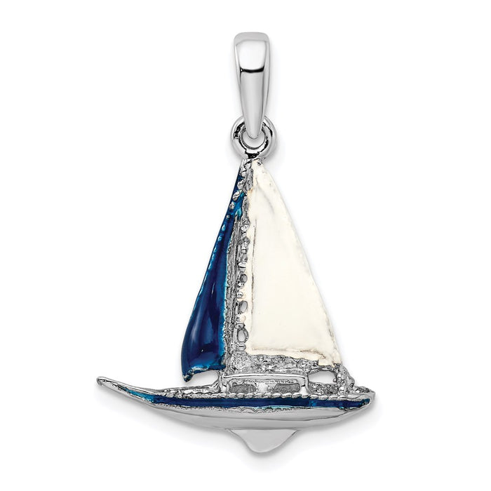 Million Charms 925 Sterling Silver Charm Pendant, 3-D Sailboat with Blue & White Enamel High Polish