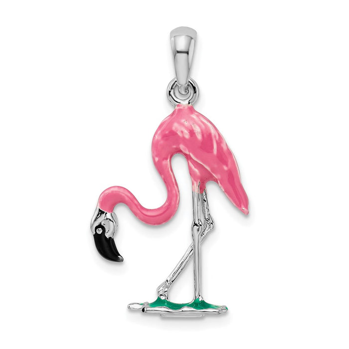 Million Charms 925 Sterling Silver Animal Charm Pendant, 3-D Pink Flamingo Pendant, Enameled