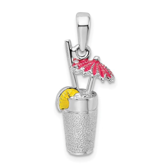 Million Charms 925 Sterling Silver Charm Pendant, 3-D Cocktail Drink with Fuchsia Umbrella & Lime