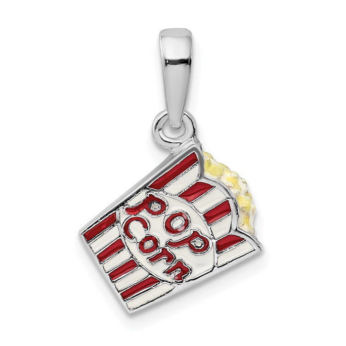 Million Charms 925 Sterling Silver Charm Pendant, 3-D Bag Of Popcorn, Red And White Striped Enamel Bag