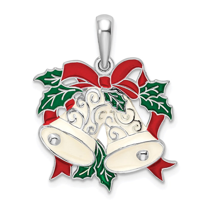 Million Charms 925 Sterling Silver Charm Pendant, Holiday Bells & Holly with Enamel ~ Green, Red & White