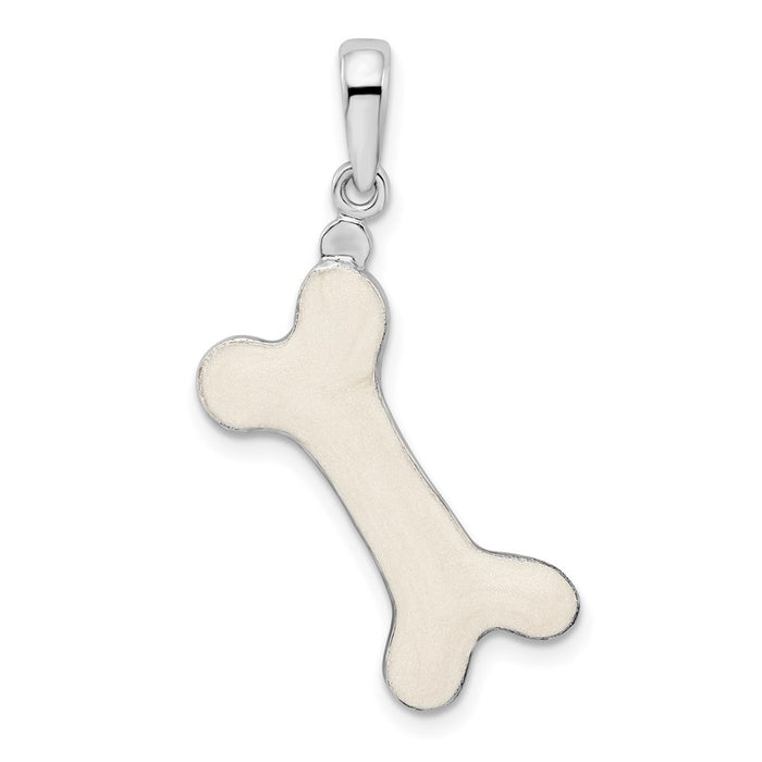 Million Charms 925 Sterling Silver Charm Pendant, 3-D Dog Bone Pendant with White Enamel & High Polish