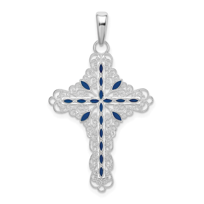 Million Charms 925 Sterling Silver Religious Charm Pendant, Blue Enamel Filigree Cross