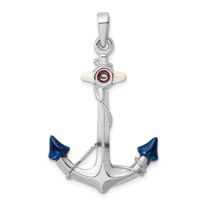 Million Charms 925 Sterling Silver Charm Pendant, 3-D Anchor with Rope & Red, White & Blue Enamel