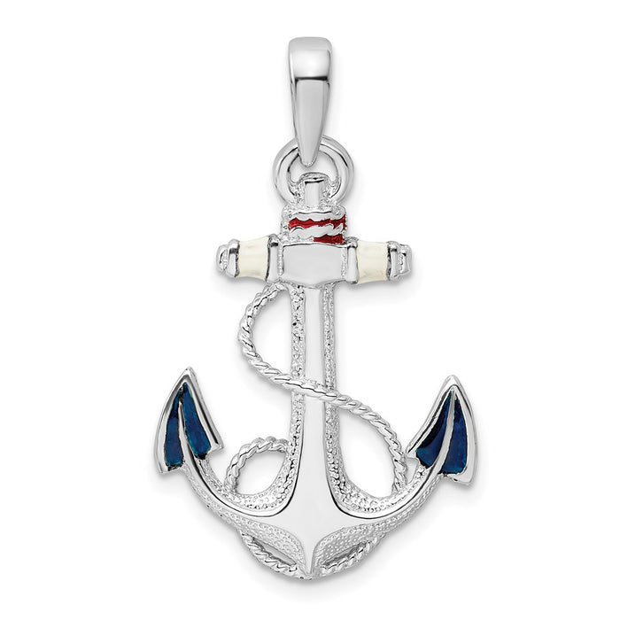 Million Charms 925 Sterling Silver Charm Pendant, Anchor with Rope & Red, White & Blue Enamel - High Polish & Texture
