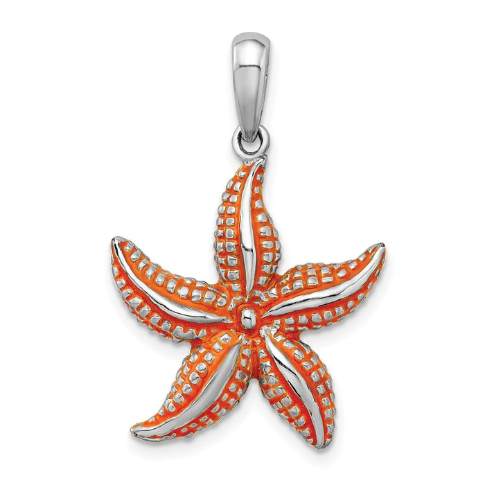 Million Charms 925 Sterling Silver Sea Life Nautical Charm Pendant, Starfish Orange Enamel, High Polish & Textured 2-D