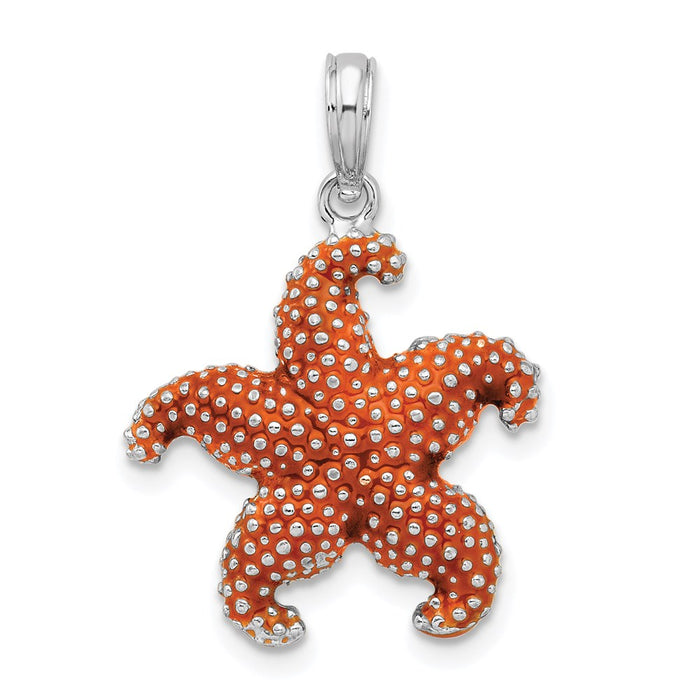 Million Charms 925 Sterling Silver Sea Life Nautical Charm Pendant, Puffed Starfish with Orange Enamel, 2-D