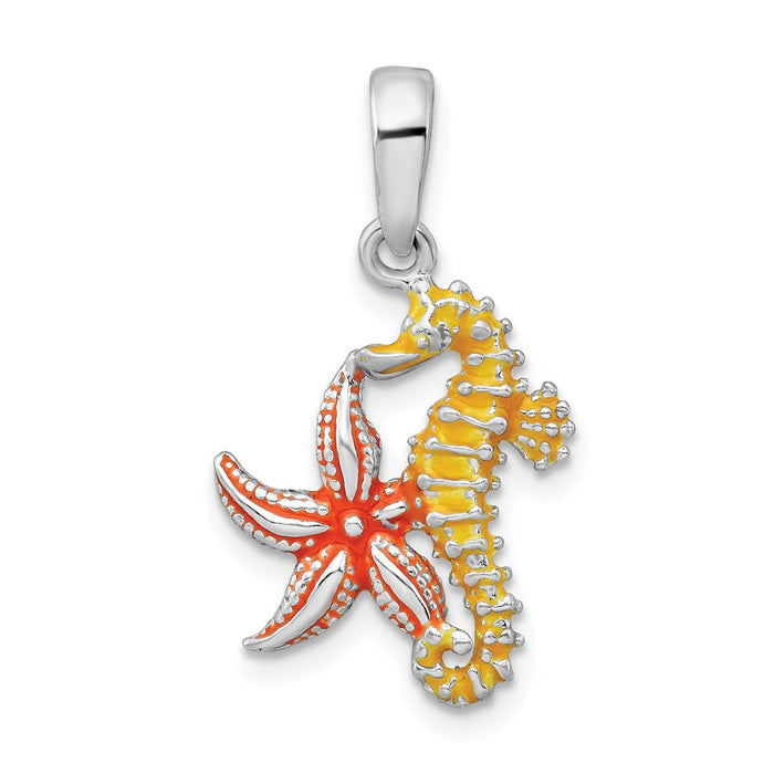 Million Charms 925 Sterling Silver Sea Life Nautical Charm Pendant, Small Starfish Seahorse Pendant with Orange And Yellow Enamel