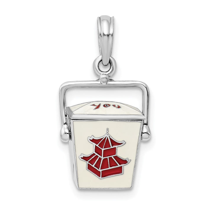 Million Charms 925 Sterling Silver Charm Pendant, 3-D Chinese Take-Out Box, Red & White Enamel , Moveable