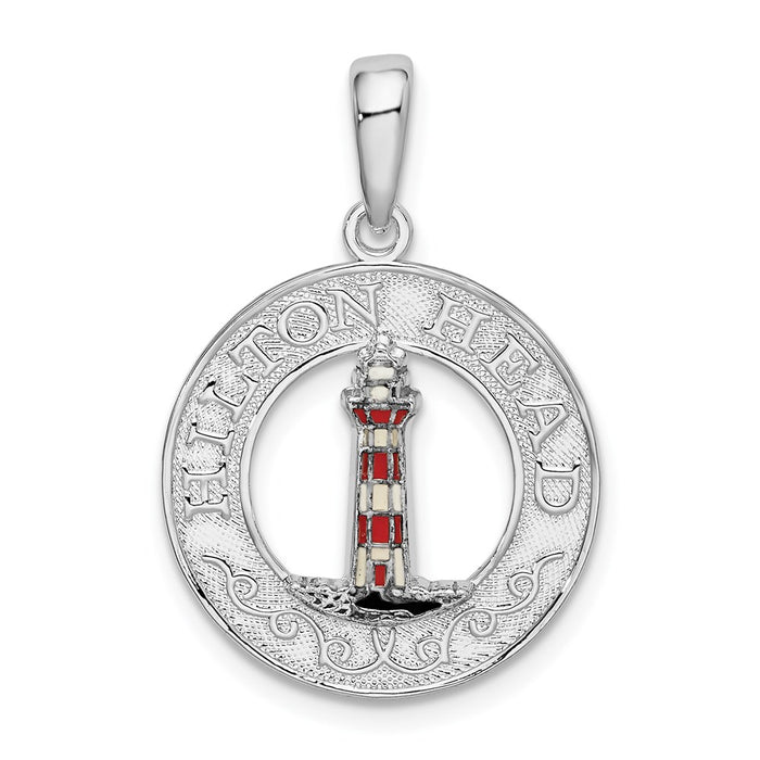 Million Charms 925 Sterling Silver Travel Charm Pendant, Hilton Head On Round Frame with Lighthouse Center & Enamel