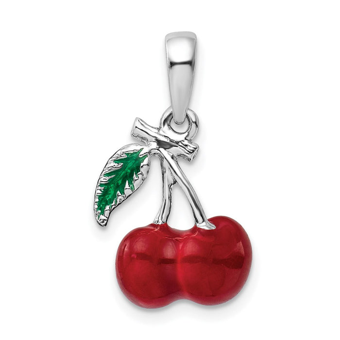 Million Charms 925 Sterling Silver Charm Pendant, 3-D Enamel Cherries with Stem & Leaf