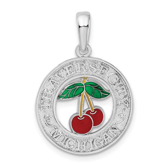 Million Charms 925 Sterling Silver Travel Charm Pendant, Traverse City, MI On Round Frame with Red Cherry Center