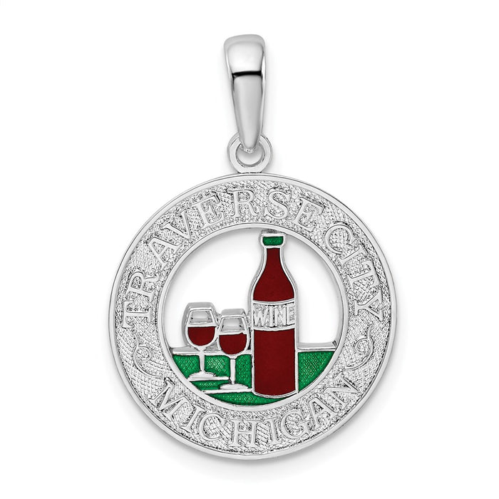 Million Charms 925 Sterling Silver Travel Charm Pendant, Traverse City, MI On Round Frame with Wine Bottle Center