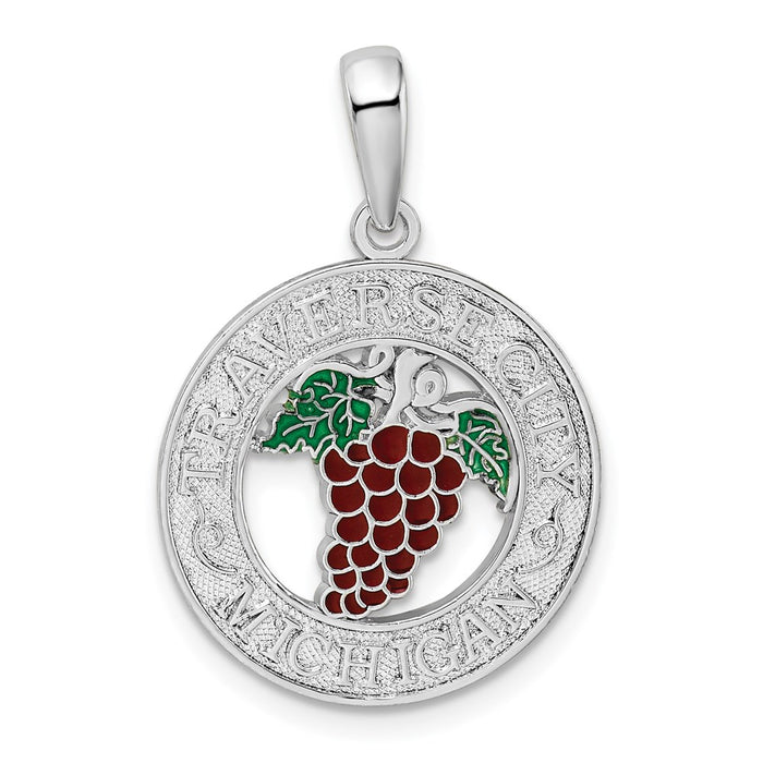 Million Charms 925 Sterling Silver Travel Charm Pendant, Traverse City, MI On Round Frame with Grapes Center