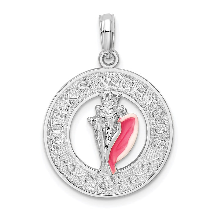 Million Charms 925 Sterling Silver Travel Charm Pendant, Turks & Caicos On Round Frame with Enamel Conch Shell