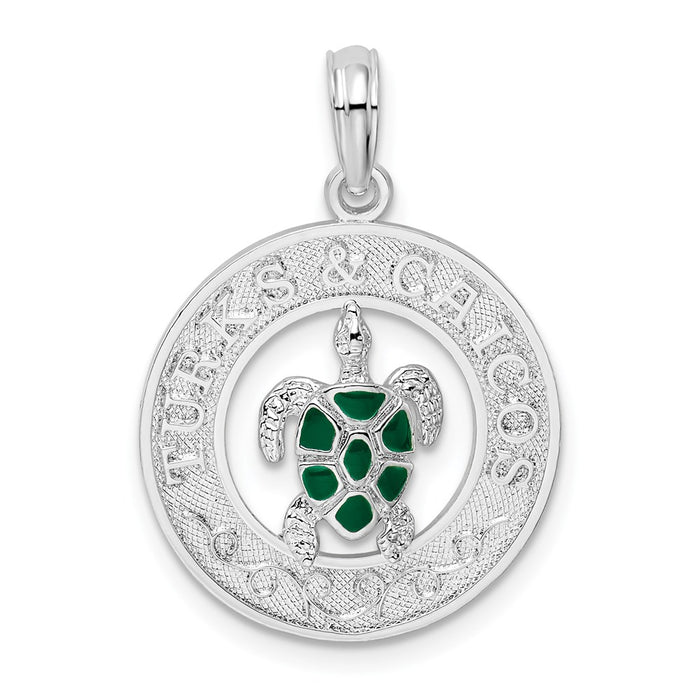 Million Charms 925 Sterling Silver Travel Charm Pendant, Turks & Caicos On Round Frame with Enamel Turtle Center