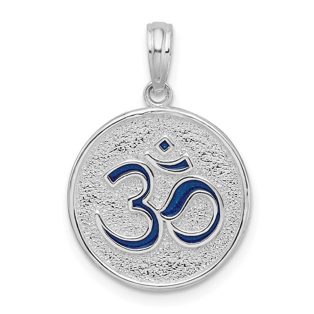 Million Charms 925 Sterling Silver Charm Pendant, 3-D Ohm Blue Yoga Symbol & Lotus Flower, Reversible