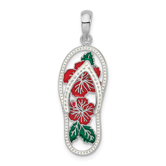 Million Charms 925 Sterling Silver Charm Pendant, Red Hibiscus Flower Flip-Flop with Enamel [Cut-Out]