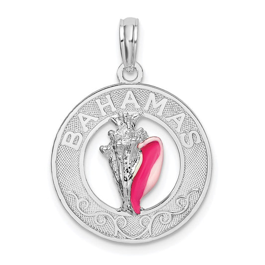 Million Charms 925 Sterling Silver Travel Charm Pendant, Bahamas On Round Frame with Enamel Conch Shell Center